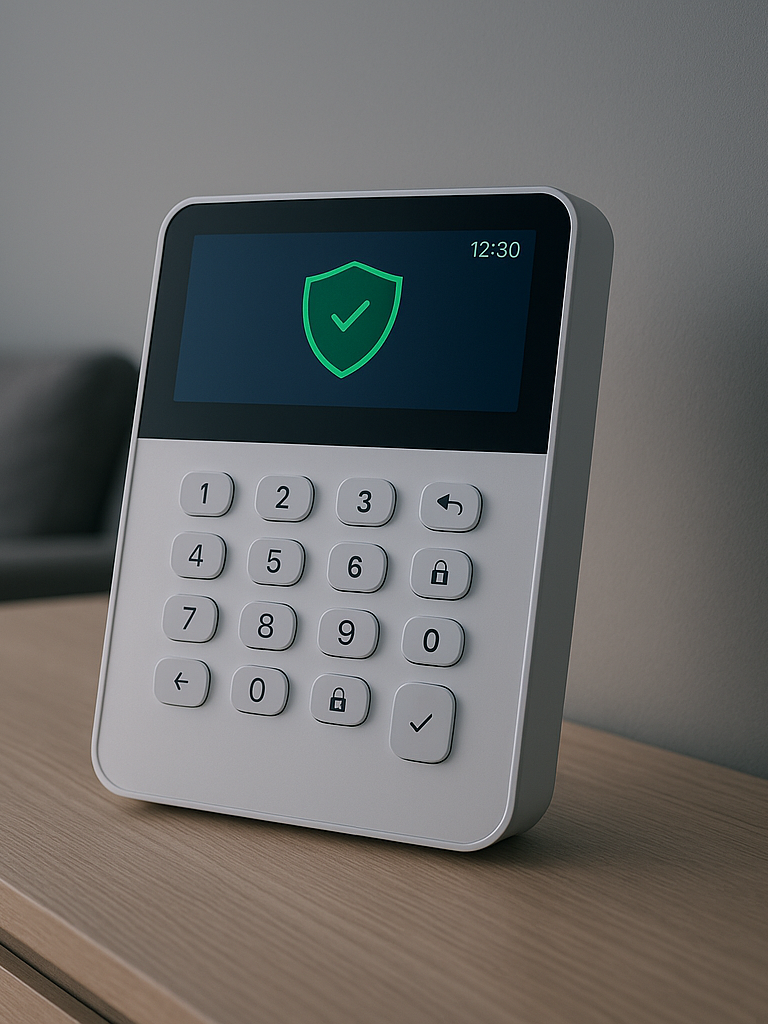 Modern home alarm control panel on a stylish wooden table