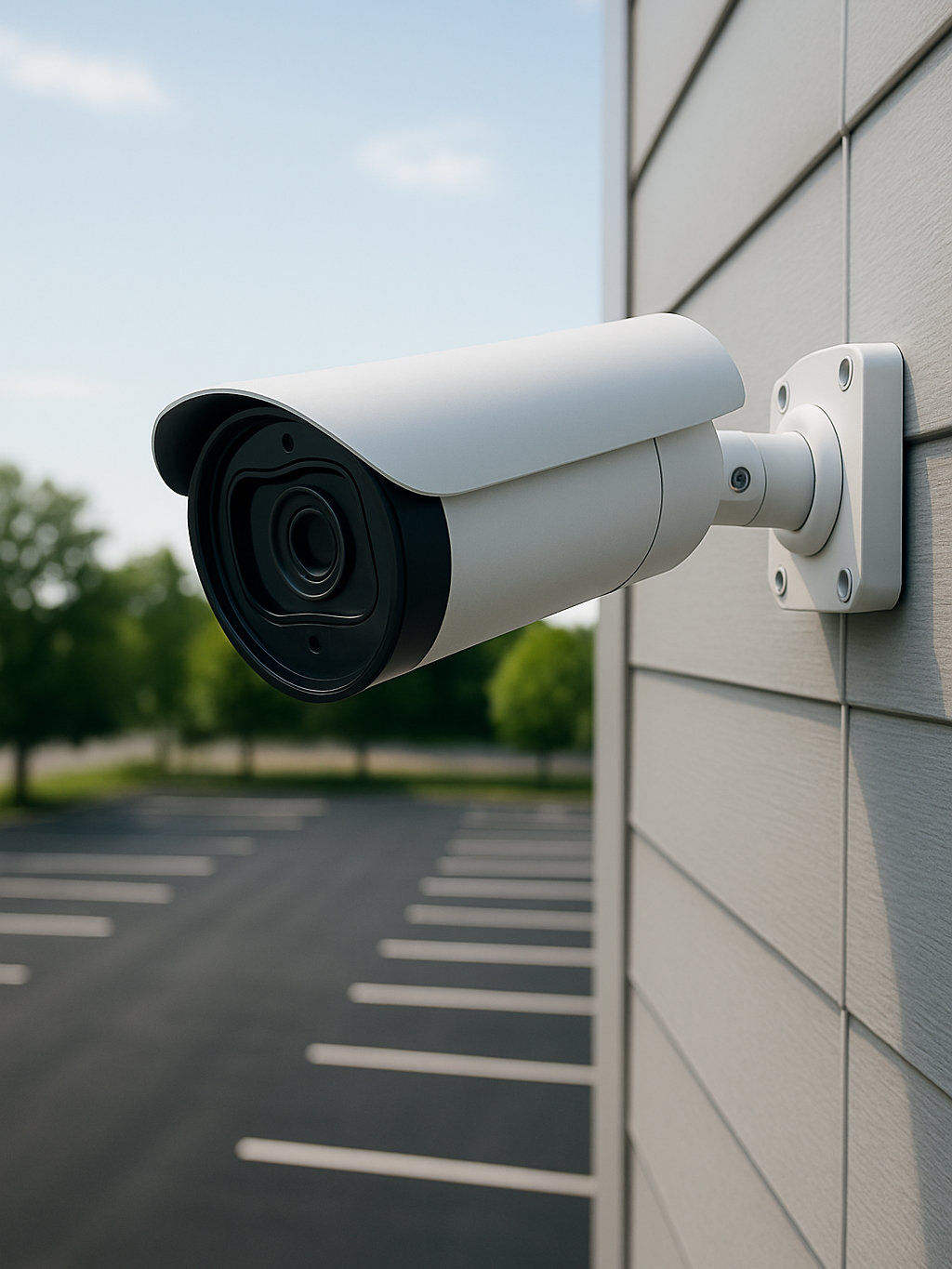 Modern bullet security camera mounted on the side of a commercial building overlooking a parking lot during the day.