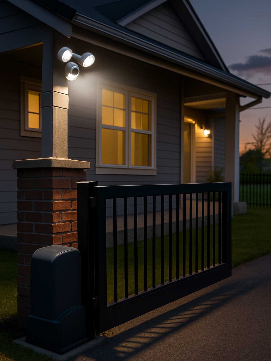 A modern suburban home with a wall-mounted floodlight camera and visible security system components, including a gate access panel and structured cabling for smart home integration.