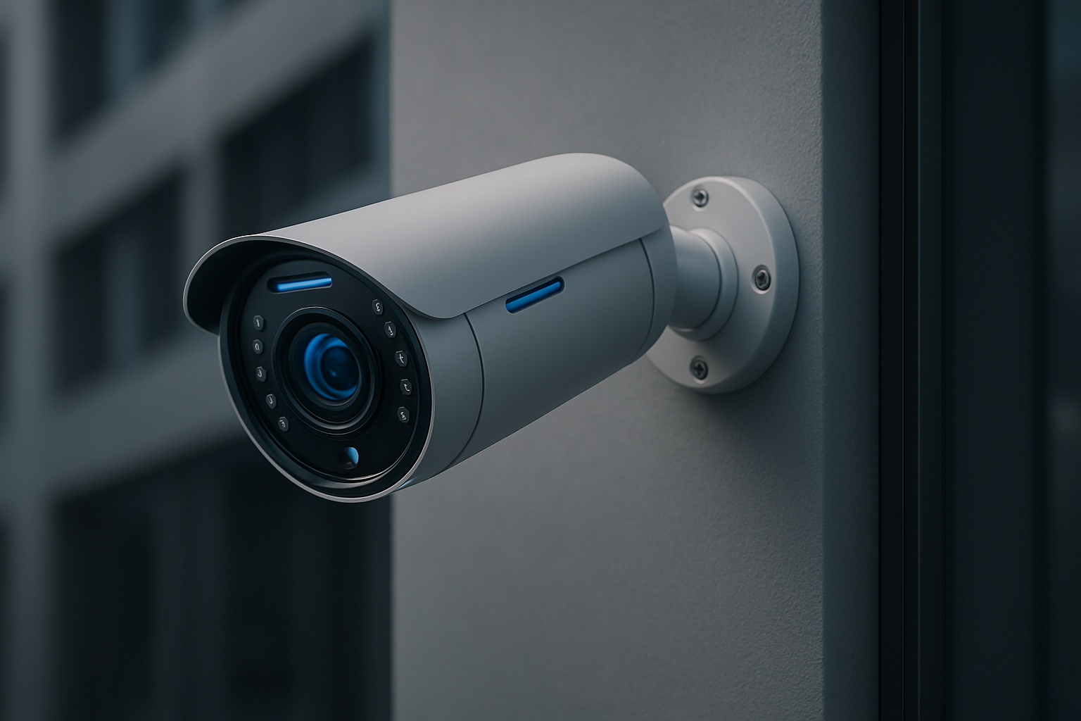 High-Tech Bullet Security Camera for Outdoor Surveillance High-tech white bullet security camera mounted on an exterior wall